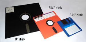 Examples of 8", 5¼", and 3½" floppy disks.